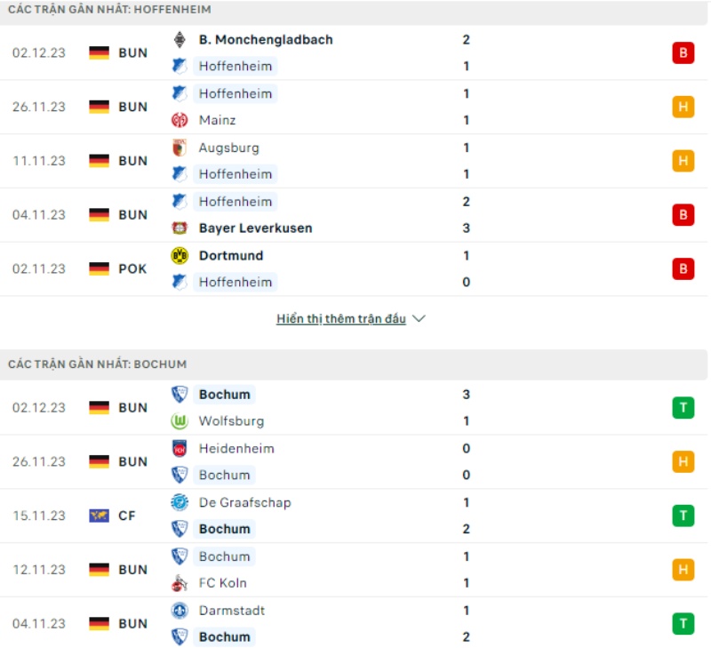 Phong độ thi đấu Hoffenheim và đội tuyển Bochum gần đây 